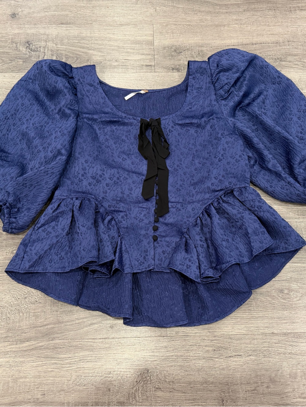 NWOT Free People Deep Navy Puff Sleeve Peplum Blouse with Black Tie